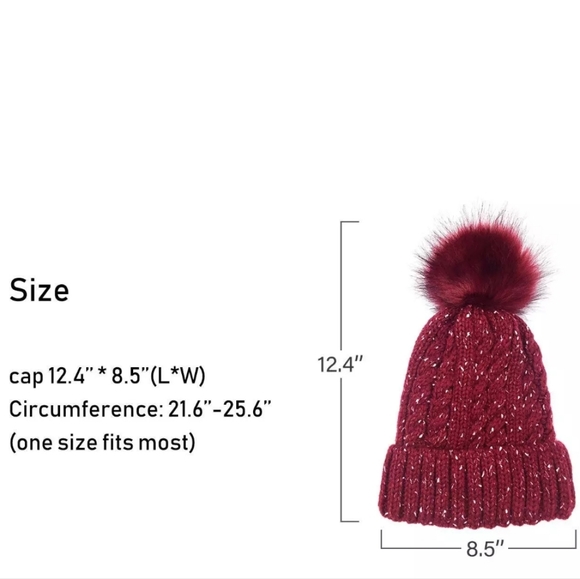 💌 LCZTN Pom Pom Hat Slouchy Cable Knit Tobogan Ski Hat Burgundy - Picture 3 of 10